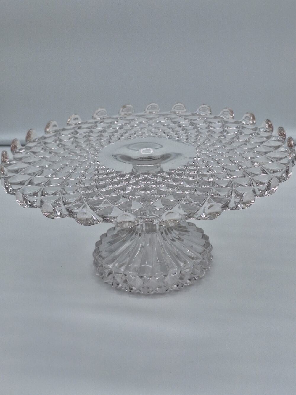 Vintage Fostoria  Clear Pedestal Cake Stand, Diamond Pattern,  Scalloped Edge.